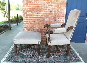 French Antique Upholstered Oak Gray Armchair W Ottoman C1880s Recliner 