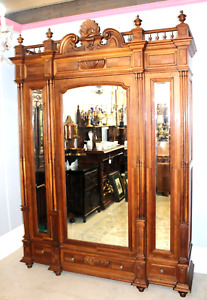 French Antique Walnut Wood Henry Ii Style Mirrored 1 Door Armoire