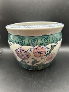 Oriental Chinese Pottery Hand Painted Porcelain Roses Fish Bowl Flower Pot