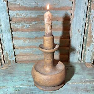 Primitive Turned Wood Bulbous Capstan Candle Holder Early Lighting Folk Art Aafa