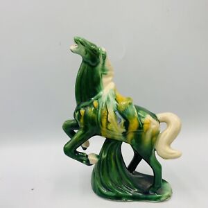 Vtg Chinese Tang Style Tri Color Drip Glaze Ceramic War Horse Figurine Green