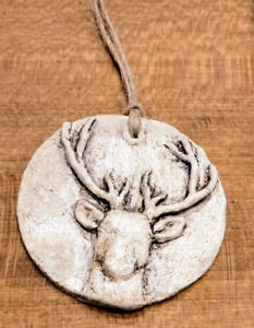 Deer Reindeer Primitive Farmhouse All Clay Round 3 Ornament Handmade
