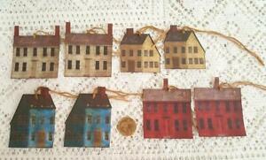 8 Primitive Saltbox House Fussy Cut Linen Cardstock Gift Hang Tags Ornaments