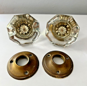 Set Of 2 Antique Victorian 8 Point Octagon Crystal Glass Brass Door Knobs