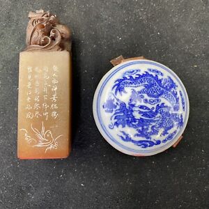 Chinese Red Wax Seal Jade Porcelain Dragon Container Stone Stamp Press