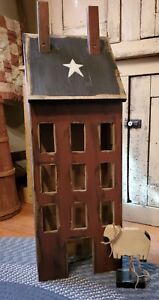 33 Hand Crafted Lighted Wood Primitive Red Saltbox House Pedestal Sheep Lamp