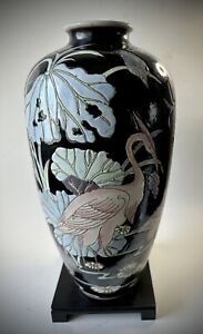 Chinese Macau Famille Noire Porcelain Black Enamel Avian Lotus Floral Vase
