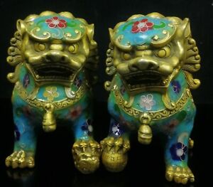 Palace Fengshui Exquisite Copper Cloisonne Enamel Pair Foo Dog Lion Gilt Statue