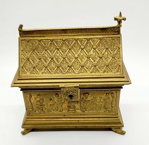 Antique Stylish Gothic Revival Gilt Bronze Brass Church Relic Or Jewelry Box