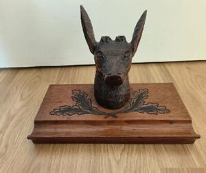 Antique Black Forest Hand Carved Deer Head Pen Holder