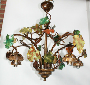 Vintage Belgian Massive Lighting Oak Leaf Chandelier Lamp Marked