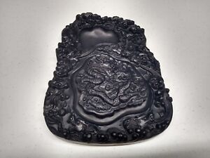 Intricate Carved Chinese Style Dragons Ink Stone With Lid Black With Box
