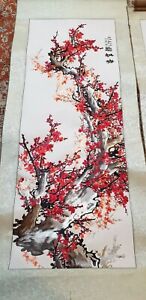 Vintage Chinese Red White Silk Hand Embroidery Panel Pair On Painting Scroll