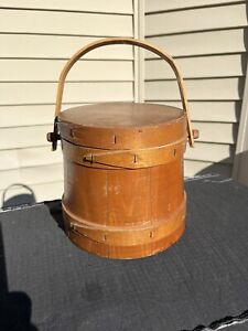 Primitive Vintage Wooden Firkin Sugar Bucket Lidded W Handle