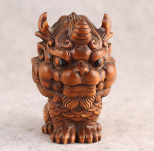 Chinese Boxwood Handmade Seat Kirin Dragon Figure Statue Collection Hand Piece