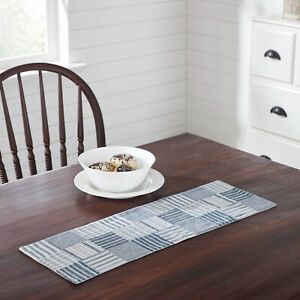 New Farmhouse Blue White Patchwork Quilted Table Runner Topper 36 