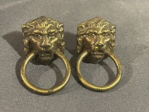 Pair Antique Brass Cast Figural Lion Head Drawer Pulls