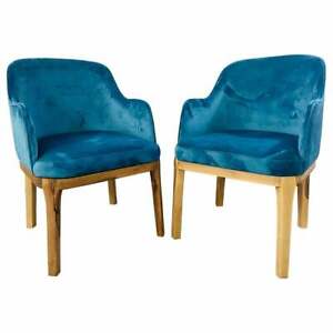 Mid Century Modern Style Blue Velvet Walnut Frame Barrel Chair A Pair
