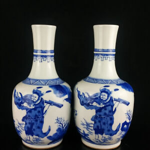 A Pair Chinese Blue White Porcelain Handpainted Exquisite Figure Vases 15556