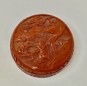 Chinese Cinnabar Red Lacquer Carved Trinket Jewelry Box Round 3 
