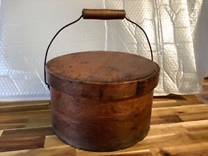 Antique Primitive 9 5 X 5 5 Wood Round Pantry Hat Box W Bale Handle