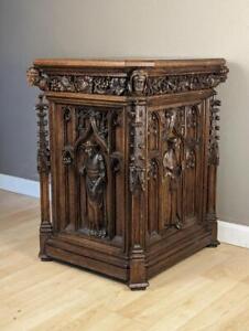 French Antique Gothic Revival Figural Carved Side Lamp Table Pedestal Nightstand
