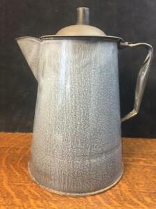 Antique Enamelware Granite Ware Gray Metal Handle Lid Water Pitcher Coffee Pot