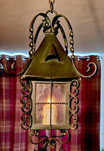 Huge Original Arts Crafts Cathedral Glass Hall Porch Lantern Pendant Light