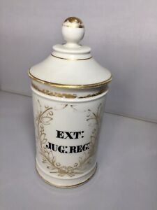 Antique Pharmacy Pot Apothecary Jar Porcelain Ext Jug Reg Gold White