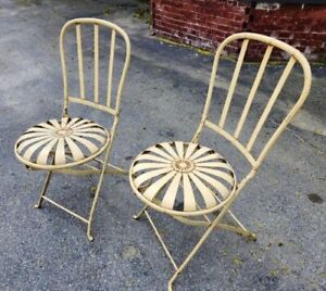 Antique French Francois Carr Spring Pinwheel Seat Folding Iron Garden Chair