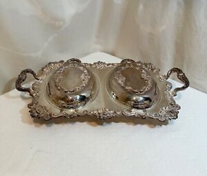 Silver Dual Double Bowl Buffet Serving Server Tray With Ornate Handles