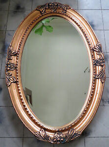Large 31 Ornate Gold Copper Wood Gesso Oval Hanging Beveled Wall Mirror