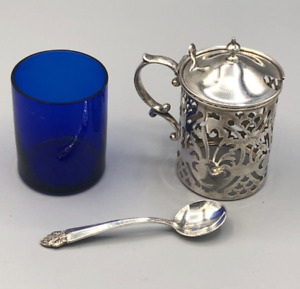 Sterling Silver Condiment Jar With Cobalt Glass Liner 3 5 