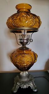 Rare 1950 S Amber 4 Sided Cherub Gone With The Wind Lamp Hurricane Style