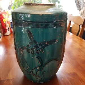 Big Heavy Antique Chinese Turquoise Green Glaze Hunan Vase Earthware 13 Green