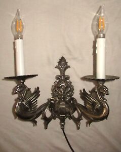 One 1960 S Brass Silver Dragon Figural Wall Light Sconce Castle Gothic D Cor