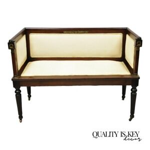 Antique French Empire Mahogany Bench Settee With Bronze Ormolu And Even Arms