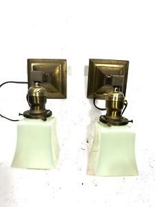 Antique Pair Square Arts And Crafts Brass Mission Sconces With Vaseline Shades