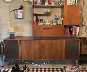 Danish Mid Century Modern Bar Stereo Console Credenza Cabinet Vintage Tambour