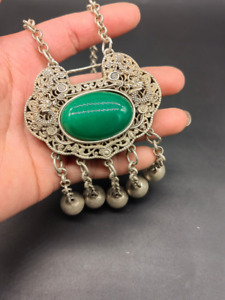 Tibetan Vintage Tibetan Silver Green Jade Lock Pendant Dragon Phoenix Necklace