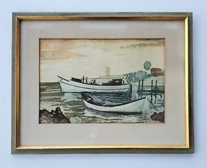 1965 Midcentury Modern Aquatint Print Of Boats In Harbor Signed Karl Tordanoff
