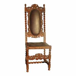 Ntique Spanish Style Barley Twist Carved Throne Chair W Leather Decorative Nai