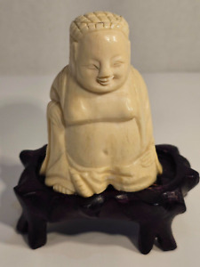 Tibetan Hand Carved Happy Buddha Figurine With Wood Stand 2 3 4 
