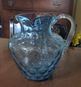 Antique Coinspot Pitcher Victorian Art Glass Blue Colorless Threaded Handle