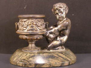 19 C Neoclassical Bronze Marble Cherub Figural Statue Match Safe Holder Striker 