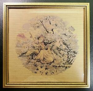 Antique Petit Point Needlepoint Romantic Landscape Scene In Gold Wood Frame
