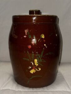 Antique Stoneware Crock Brown With Flowers Very Old Pot Rustic Cookie Jar