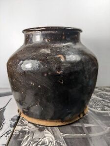 Antique Ceramic Chinese Food Pot 5 5 Inches Tall Black Glaze