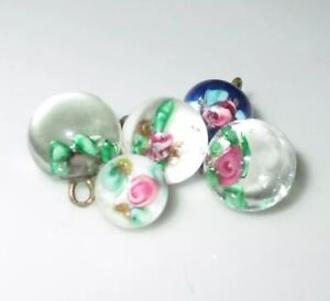 Lot 5 Antique Victorian Charmstring Buttons Paperweight Glass Flowers