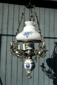 Xl Dutch Delft Blue White Pottery Angels Cherubs Metal Glass Chandelier 3 Arms